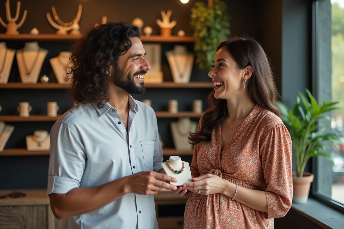 Couple cherche des bolas artisanaux dans une boutique