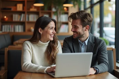Couple souriant discutant avec laptops dans un caf&eacute; chaleureux