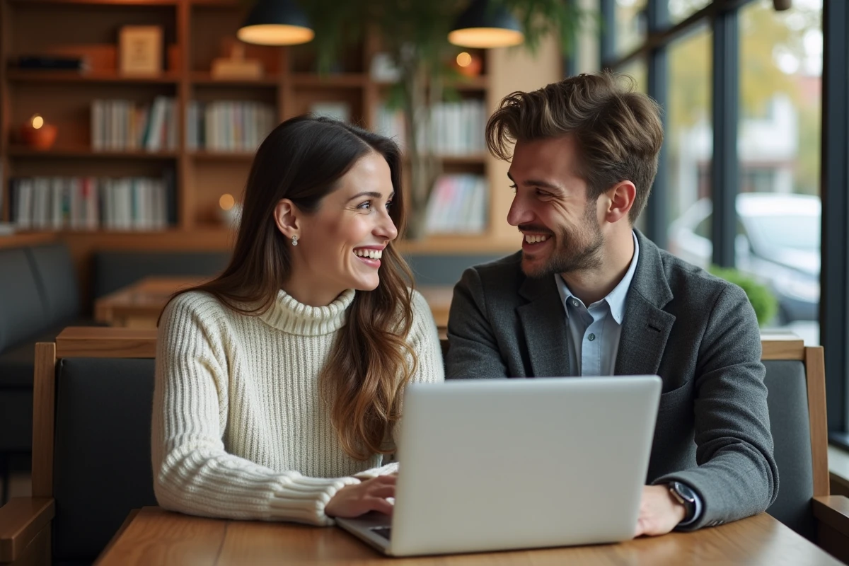 Couple souriant discutant avec laptops dans un café chaleureux