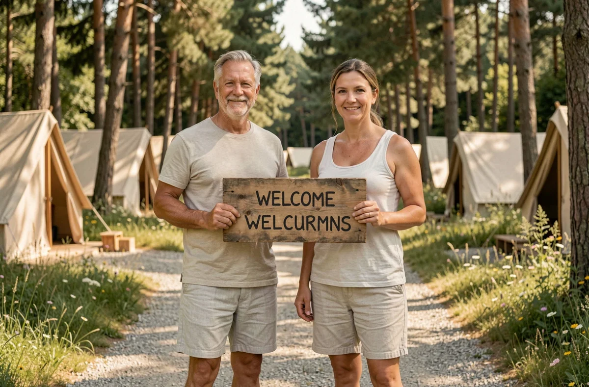 Couple de quadragénaires devant l'entrée d'un camping naturiste en forêt, affichant une attitude confiante et bienveillante face aux regards extérieurs