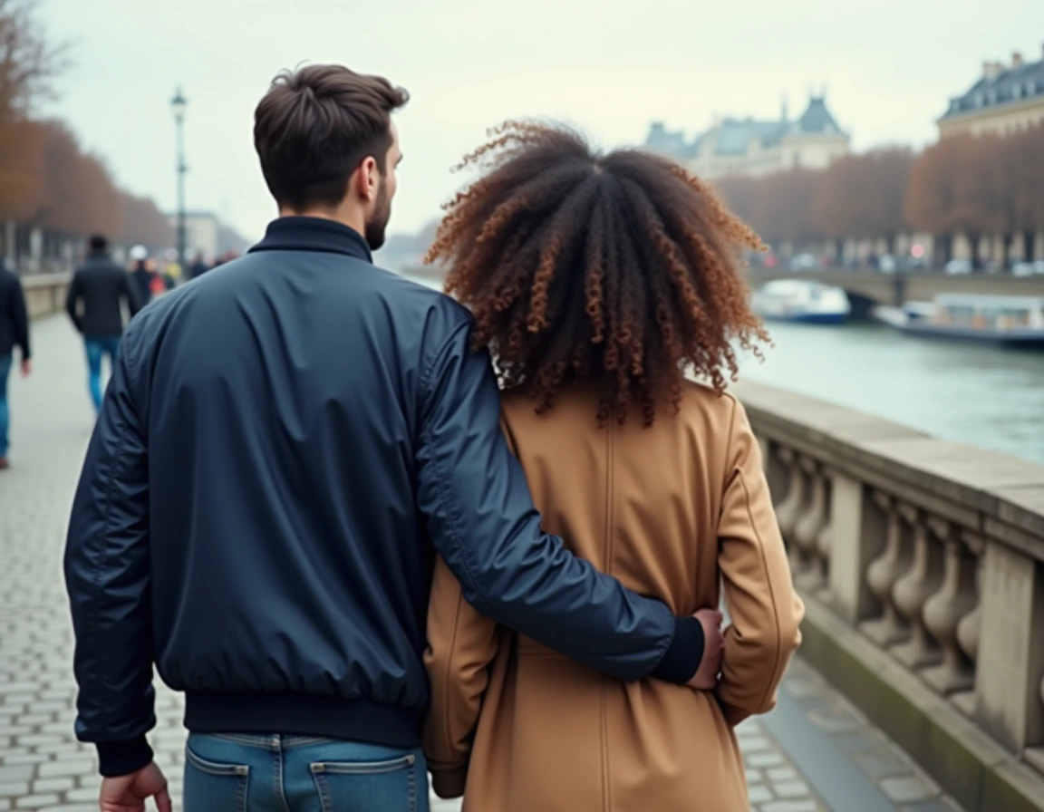 Couple de c&eacute;l&eacute;brit&eacute;s se promenant discr&egrave;tement au bord de la Seine &agrave; Paris