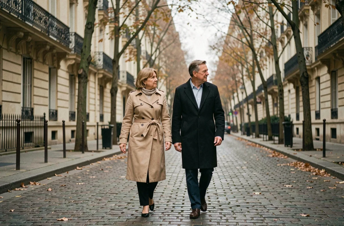 Couple discret marchant dans une rue parisienne en automne, illustrant la vie privée préservée d'une personnalité médiatique
