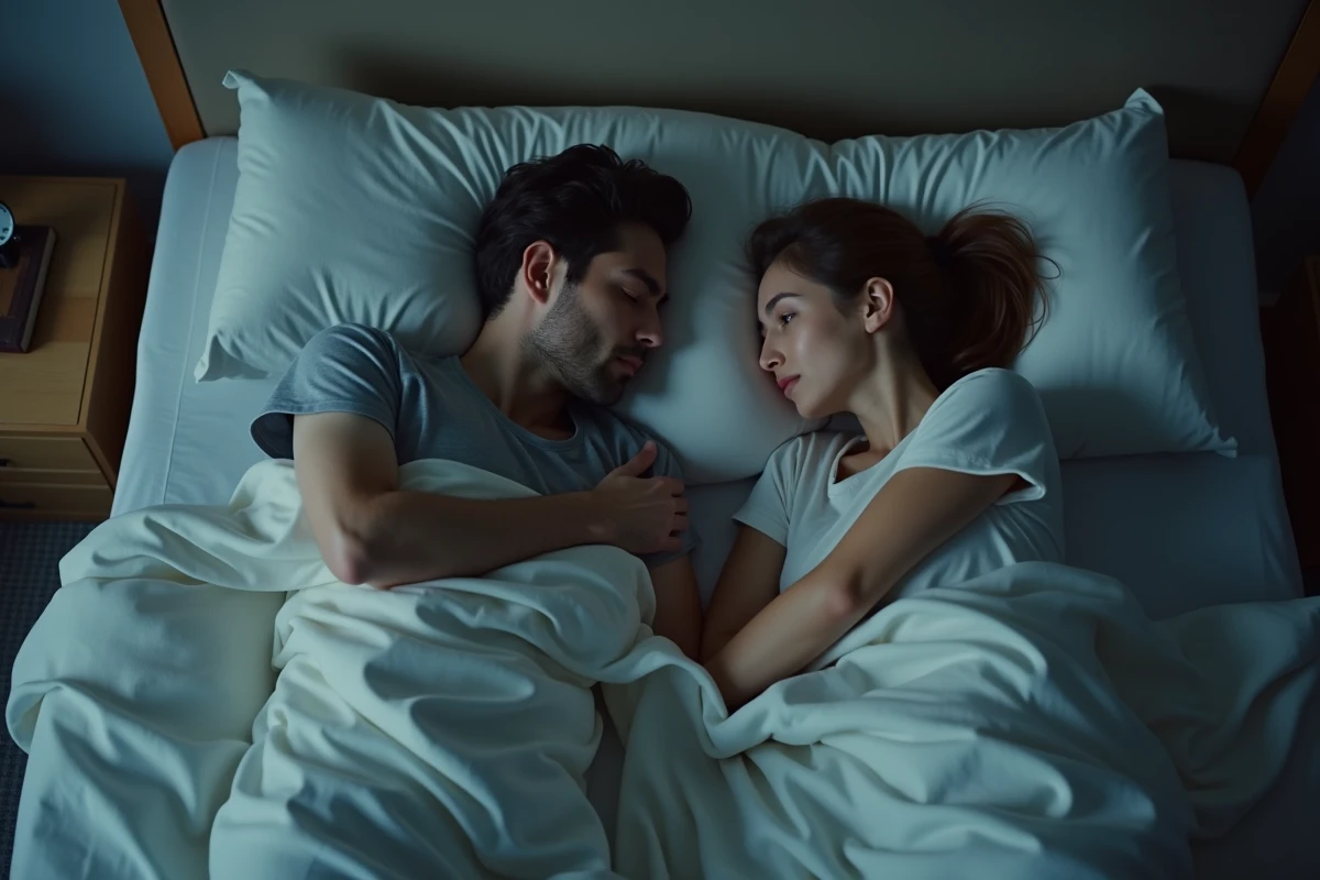 Couple allongé dans un lit, mari regardant sa femme silencieuse, représentant le fossé émotionnel dans la vie conjugale