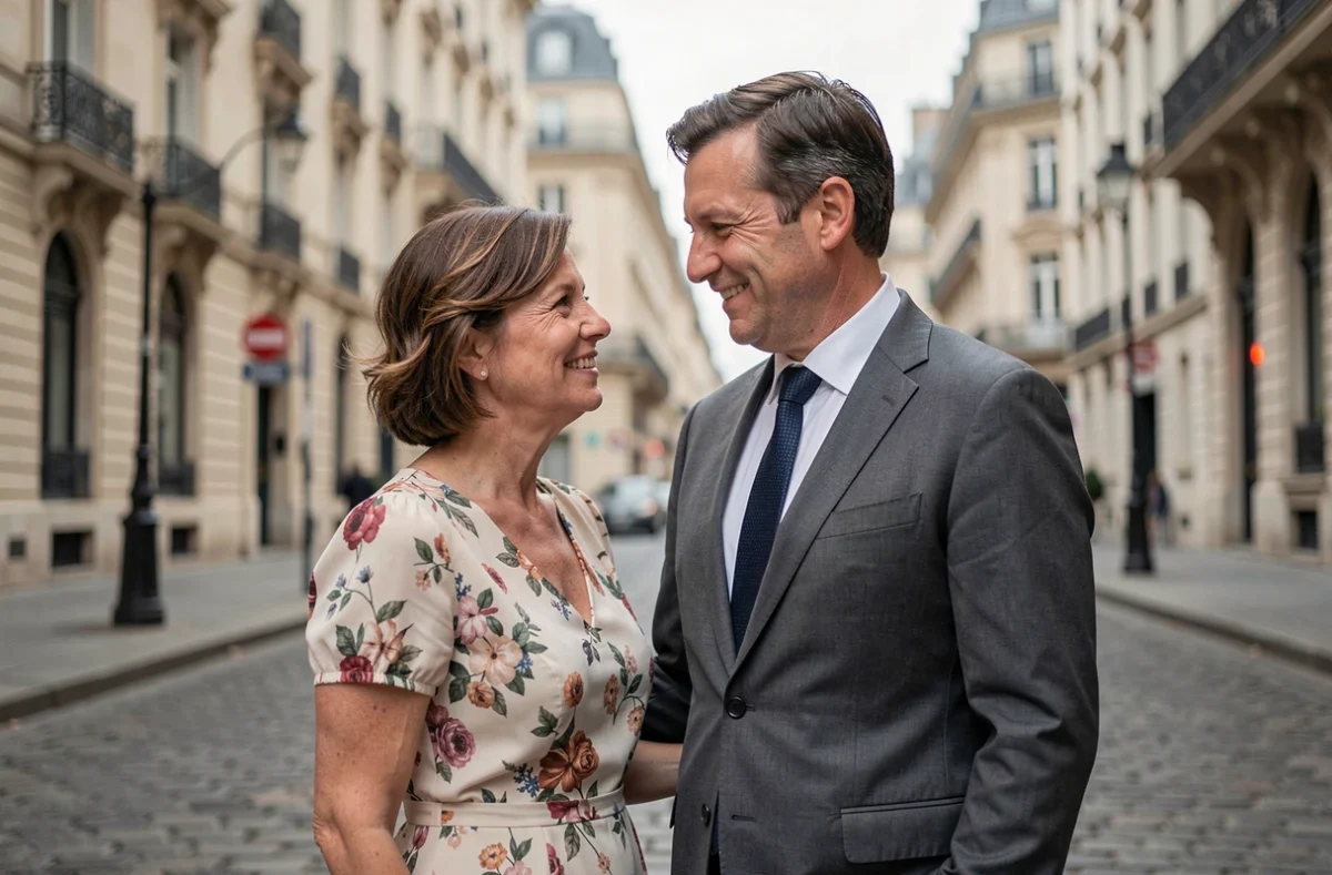 Couple élégant souriant dans une rue parisienne haussmannienne, illustrant la vie privée et conjugale d'une personnalité médiatique