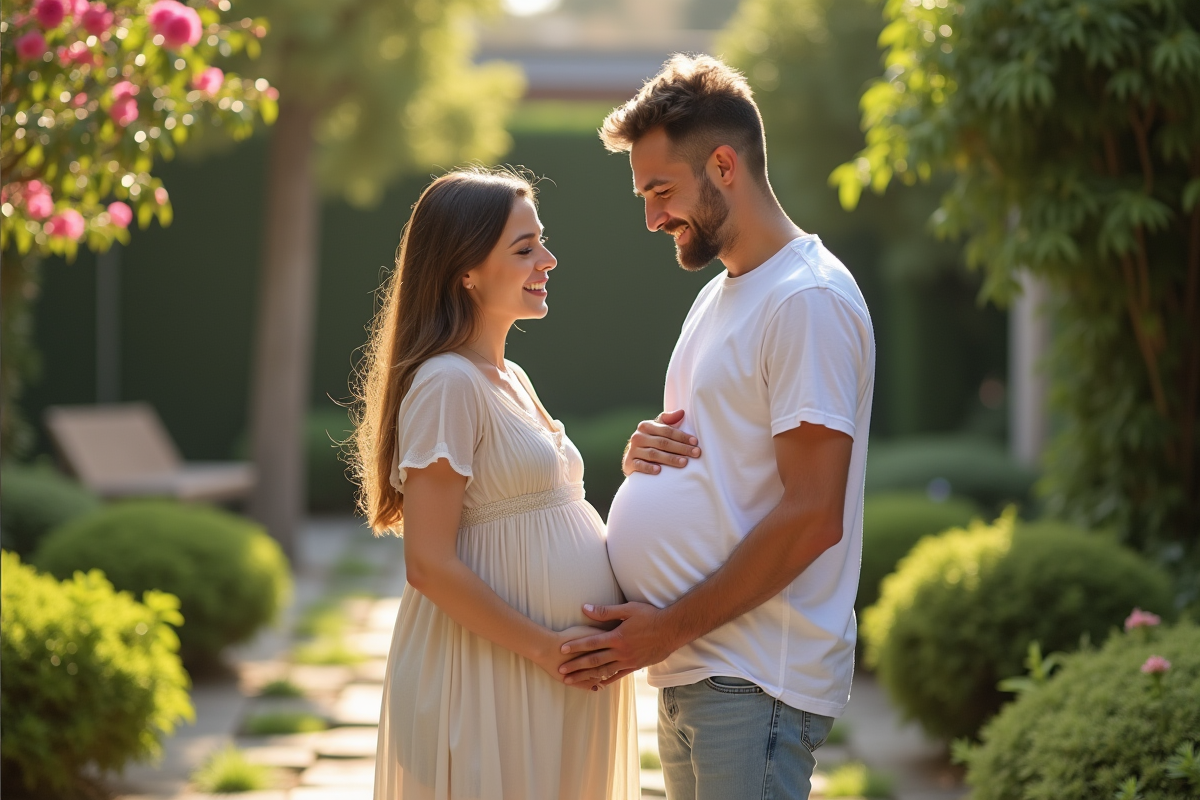Couple en jardin jouant avec le ventre de la femme enceinte