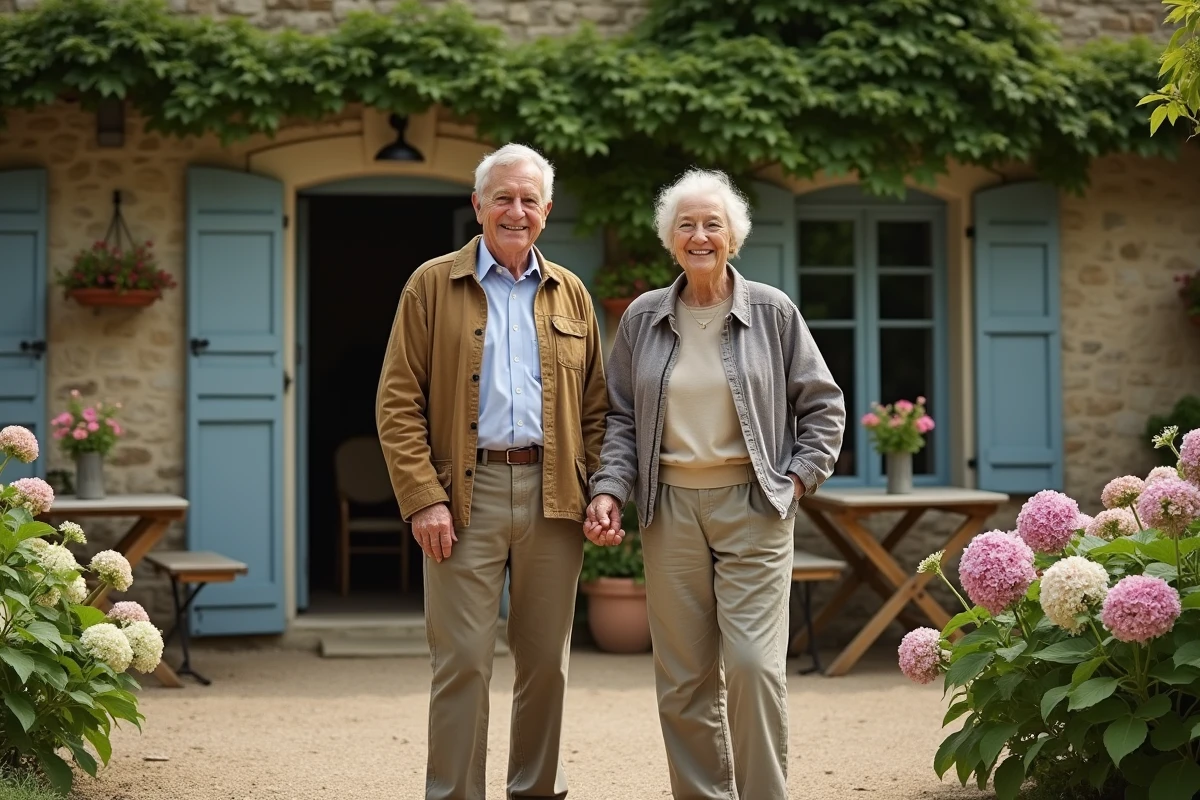 Couple âgé dans un jardin en campagne française avec maison en pierre