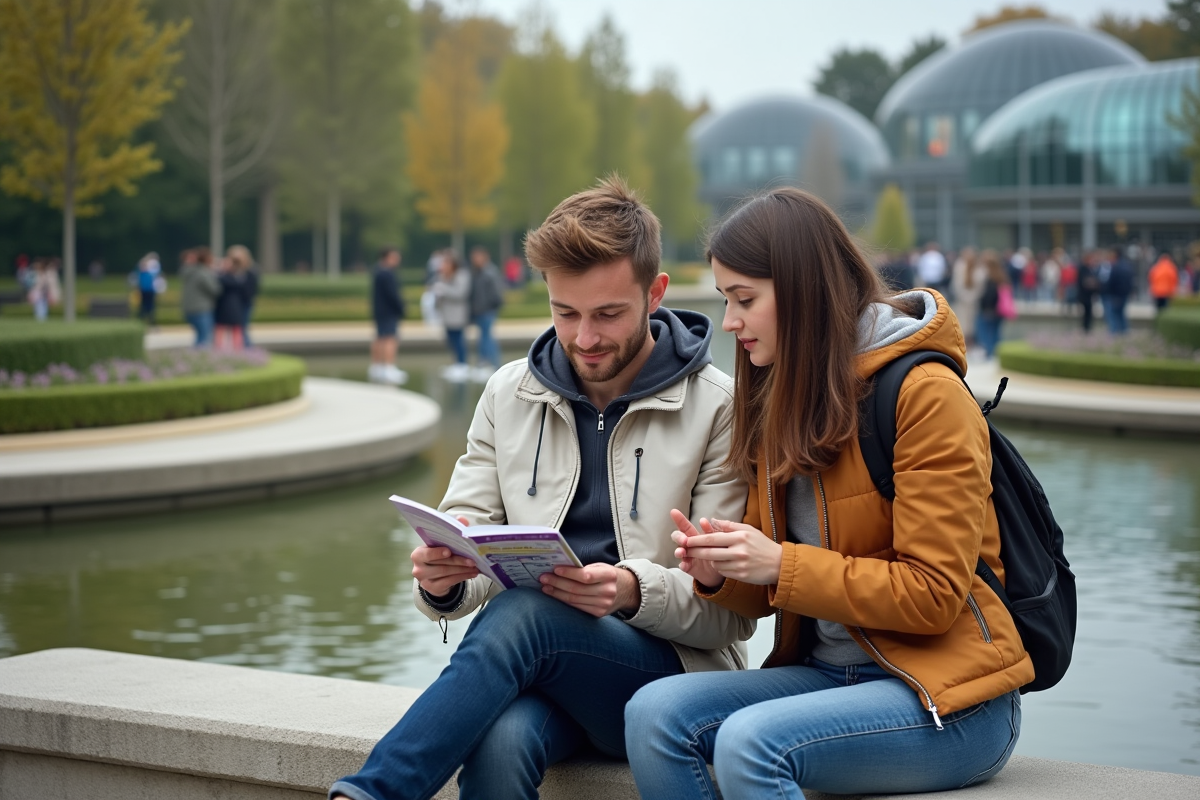 Jeune couple étudiant leur programme à Futuroscope