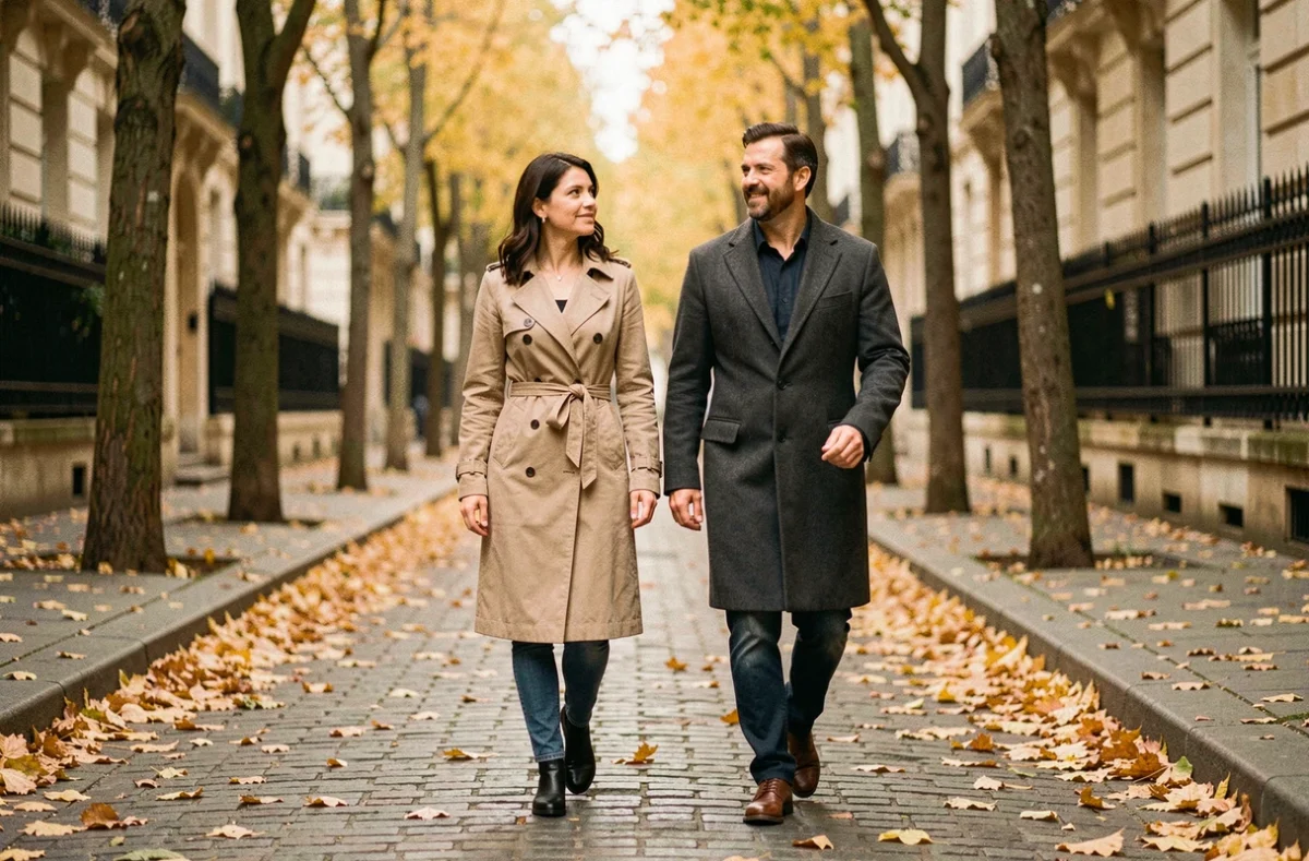 Couple se promenant dans une rue parisienne en automne, ambiance urbaine et romantique