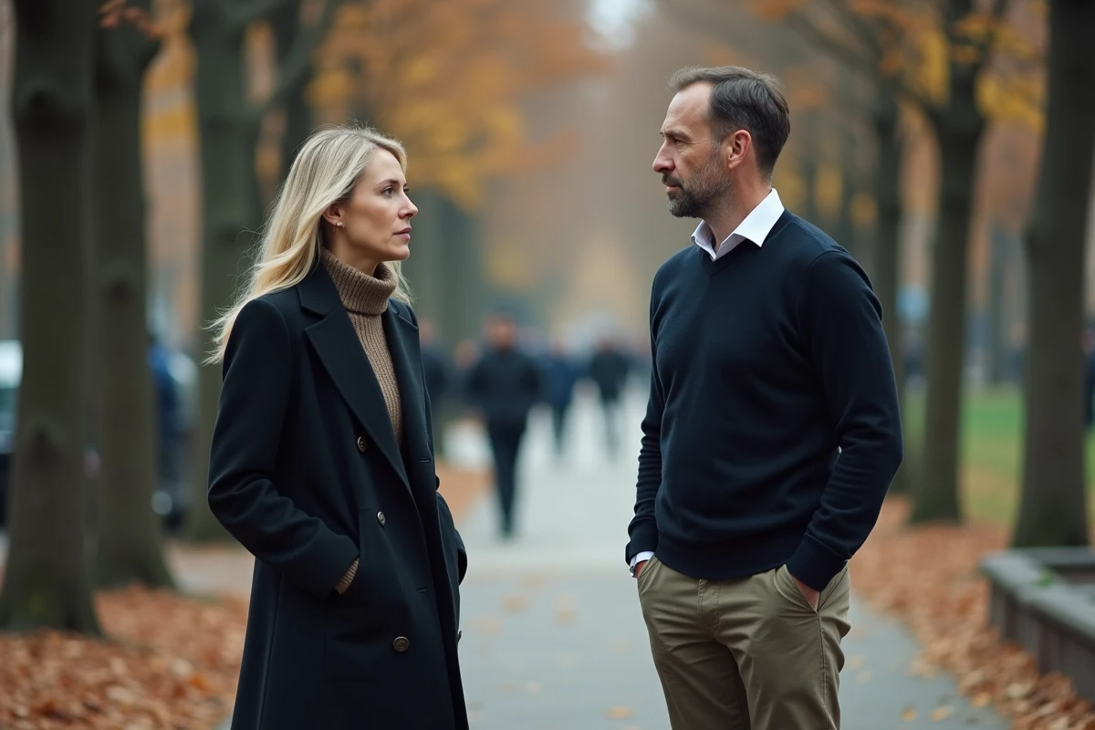 Couple en tension dans un parc urbain, rumeurs et méfiance dans une relation amoureuse
