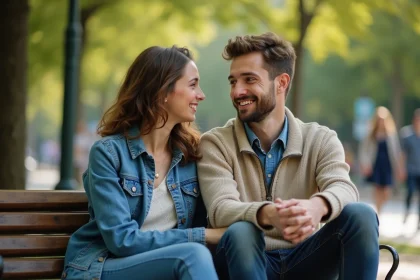 Couple assis sur un banc dans un parc urbain en denim