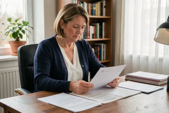 Femme d'une cinquantaine d'années consultant des documents administratifs pour déclarer un décès à la CPAM