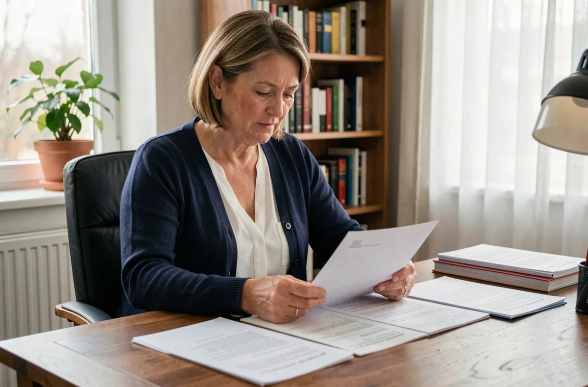 Femme d'une cinquantaine d'années consultant des documents administratifs pour déclarer un décès à la CPAM