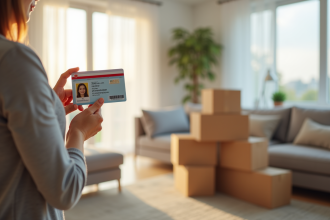 Personne tenant sa carte d'identite et des cartons de demenagement dans un salon lumineux