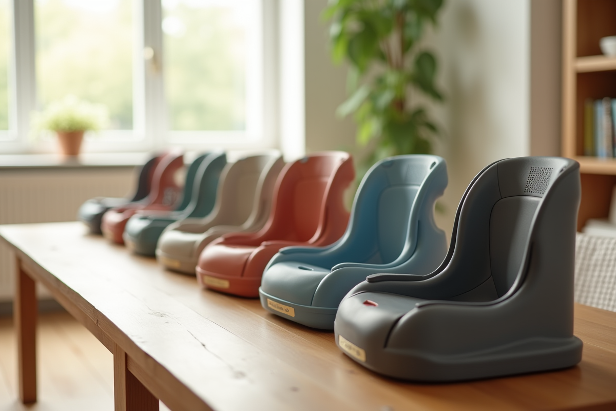 Plusieurs modèles de sièges booster alignés sur une table en salon