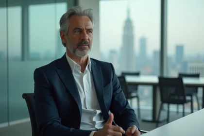 Portrait d'un dirigeant d'entreprise en costume bleu marine lors d'une interview professionnelle dans un bureau moderne avec vue urbaine