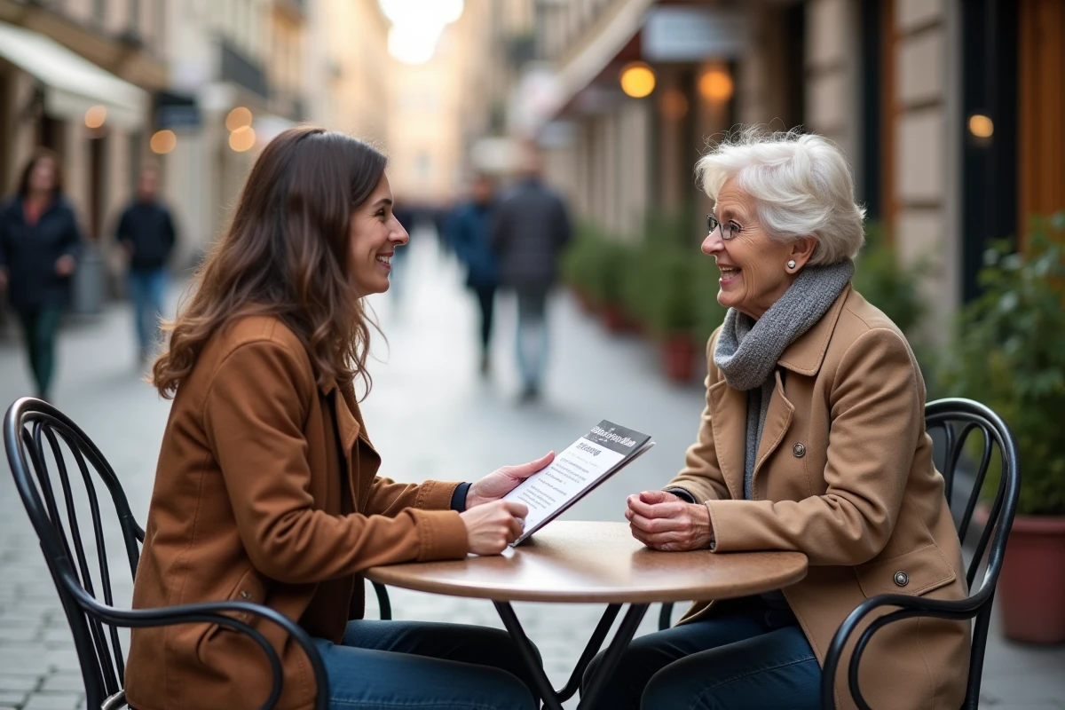 Deux femmes discutent des avantages et inconvénients de l'adoption simple en terrasse de café