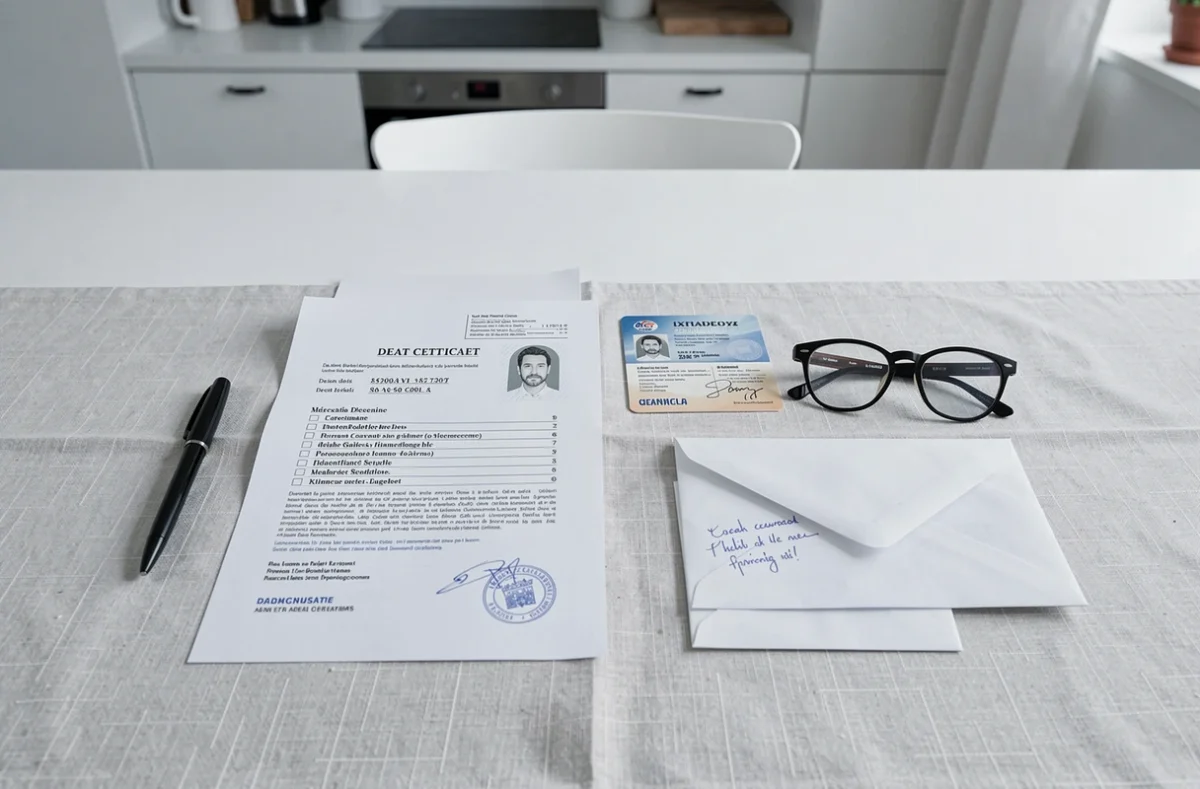 Documents nécessaires pour déclarer un décès à la CPAM disposés sur une table : certificat de décès, carte vitale et pièce d'identité
