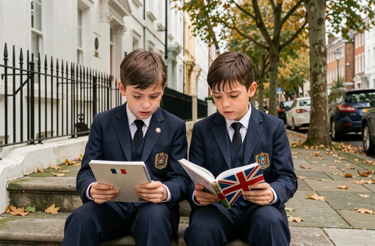 Deux écoliers en uniforme comparant leurs agendas scolaires français et britanniques sur les marches d'une maison londonienne