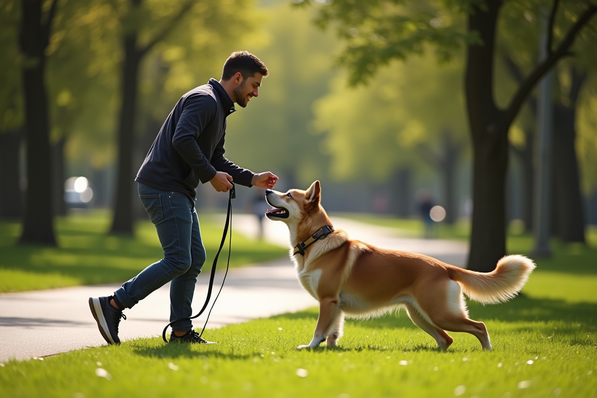 Entraineur canin en parc naturel avec chien calme