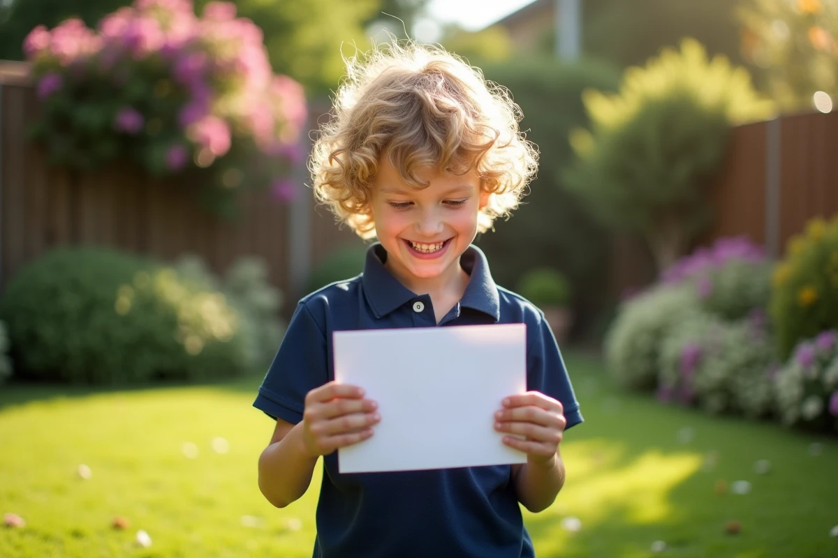 Enfant de 8 ans lisant une carte d'anniversaire dans un jardin fleuri en souriant
