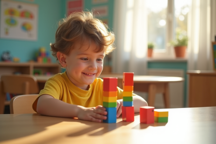 Jeune garçon autiste empilant des blocs colorés dans une classe lumineuse
