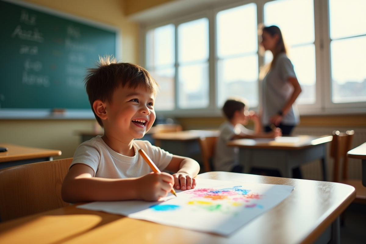 Enfant souriant dessinant en classe avec parent dehors