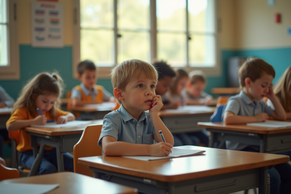 Jeune enfant seul à un bureau scolaire dans une classe primaire