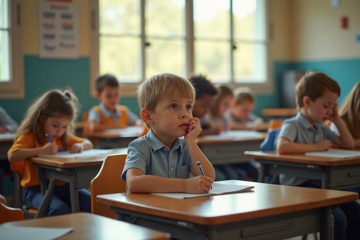 Jeune enfant seul à un bureau scolaire dans une classe primaire