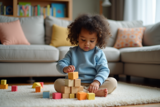 Jeune fille de deux ans jouant avec des blocs en bois colorés