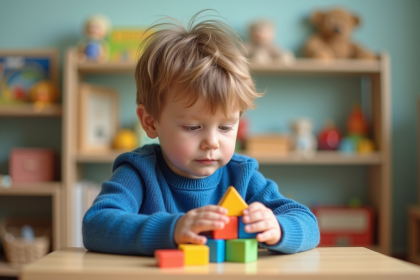 Gar&ccedil;on d'&acirc;ge pr&eacute;scolaire avec blocs color&eacute;s en classe