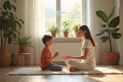Jeune enfant méditant avec adulte dans un salon lumineux