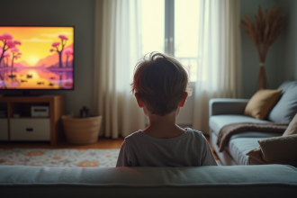Jeune enfant seul sur un canapé moderne regardant la télévision