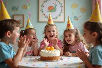 Enfants d'âge préscolaire chantant la chanson Petit escargot