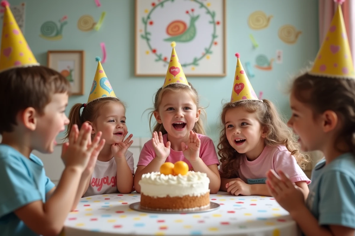 Enfants d'âge préscolaire chantant la chanson Petit escargot
