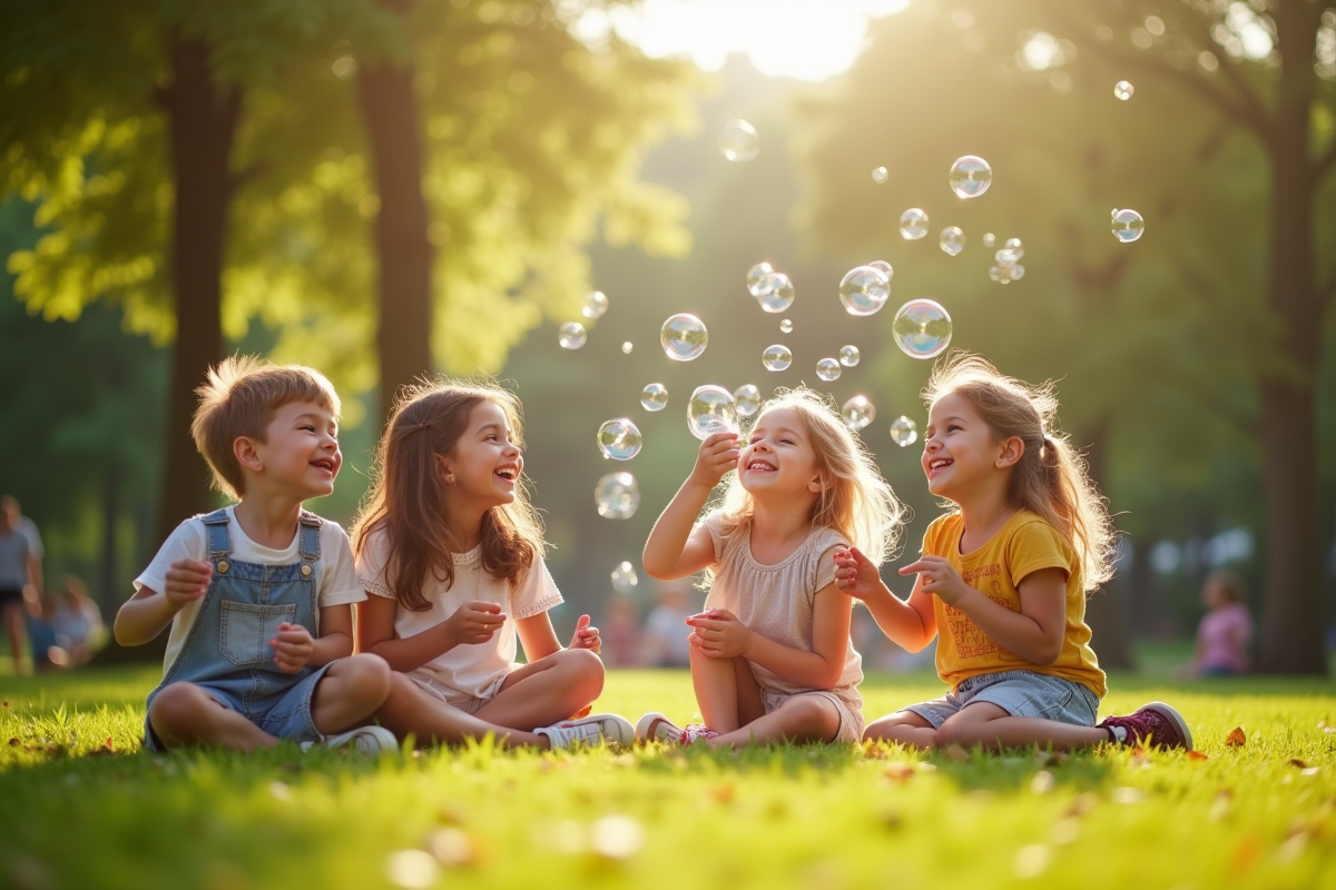 Enfants jouant dehors avec bulles de savon dans un parc ensoleille