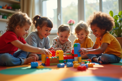 Enfants jouant avec des briques colorées dans une salle lumineuse