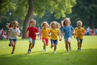 Groupe d'enfants jouant à chat dans un parc verdoyant