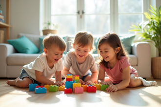 Trois enfants jouant avec des blocs colorés dans un salon lumineux