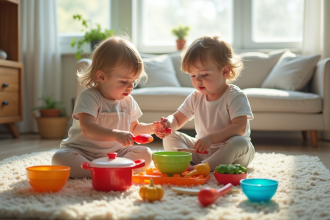 Deux enfants jouant à la cuisine dans un salon lumineux