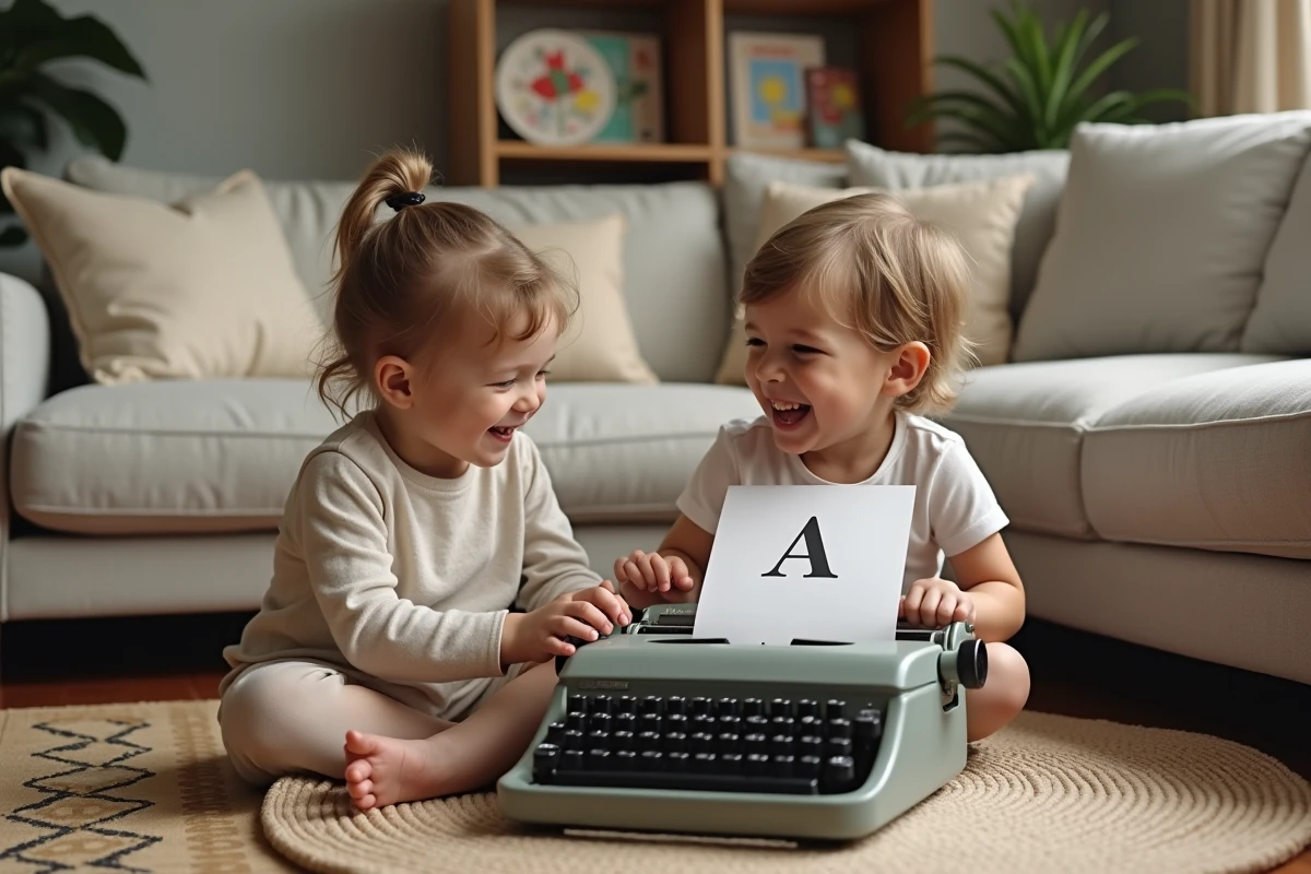 Deux enfants de 6 ans apprenant ensemble à écrire sur une machine à écrire mécanique posée sur une table basse dans un salon