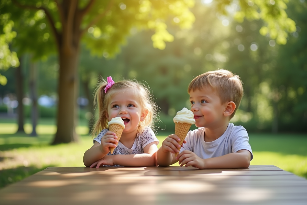 Un garçon et une fille dégustant des glaces en plein air en été