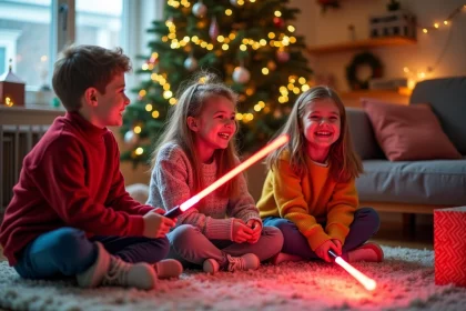 Enfants jouant avec des sabres lasers color&eacute;s pour No&euml;l
