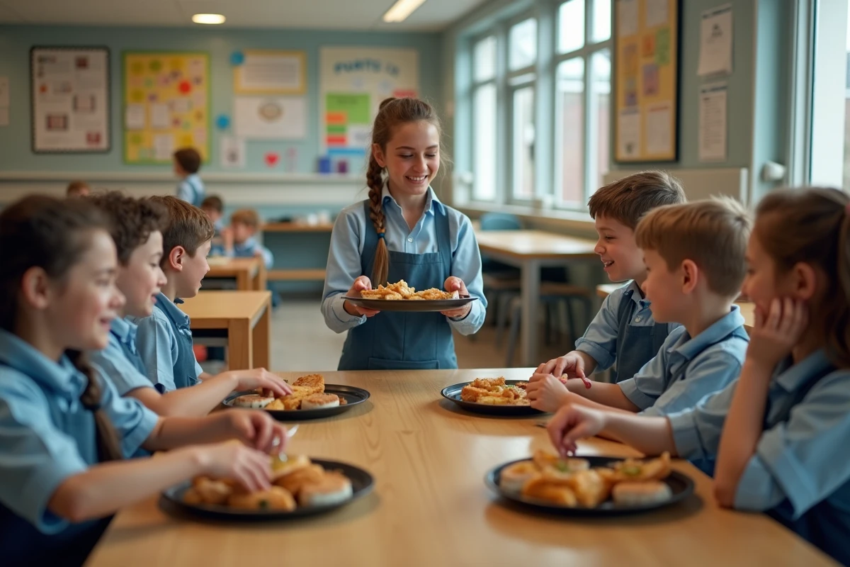 Enfants &agrave; la cantine scolaire recevant leur d&eacute;jeuner