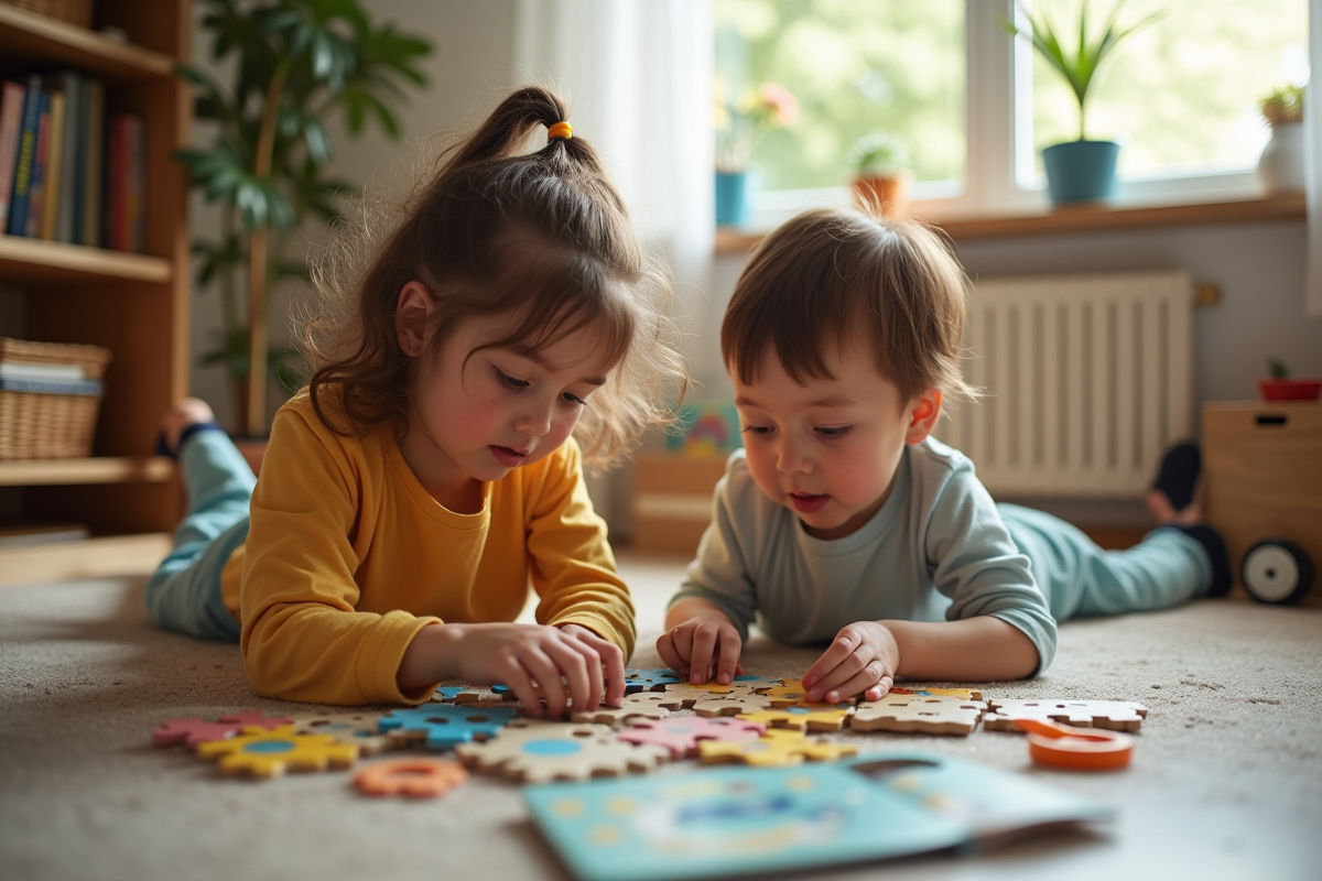 Deux enfants résolvant un puzzle dans un salon cosy