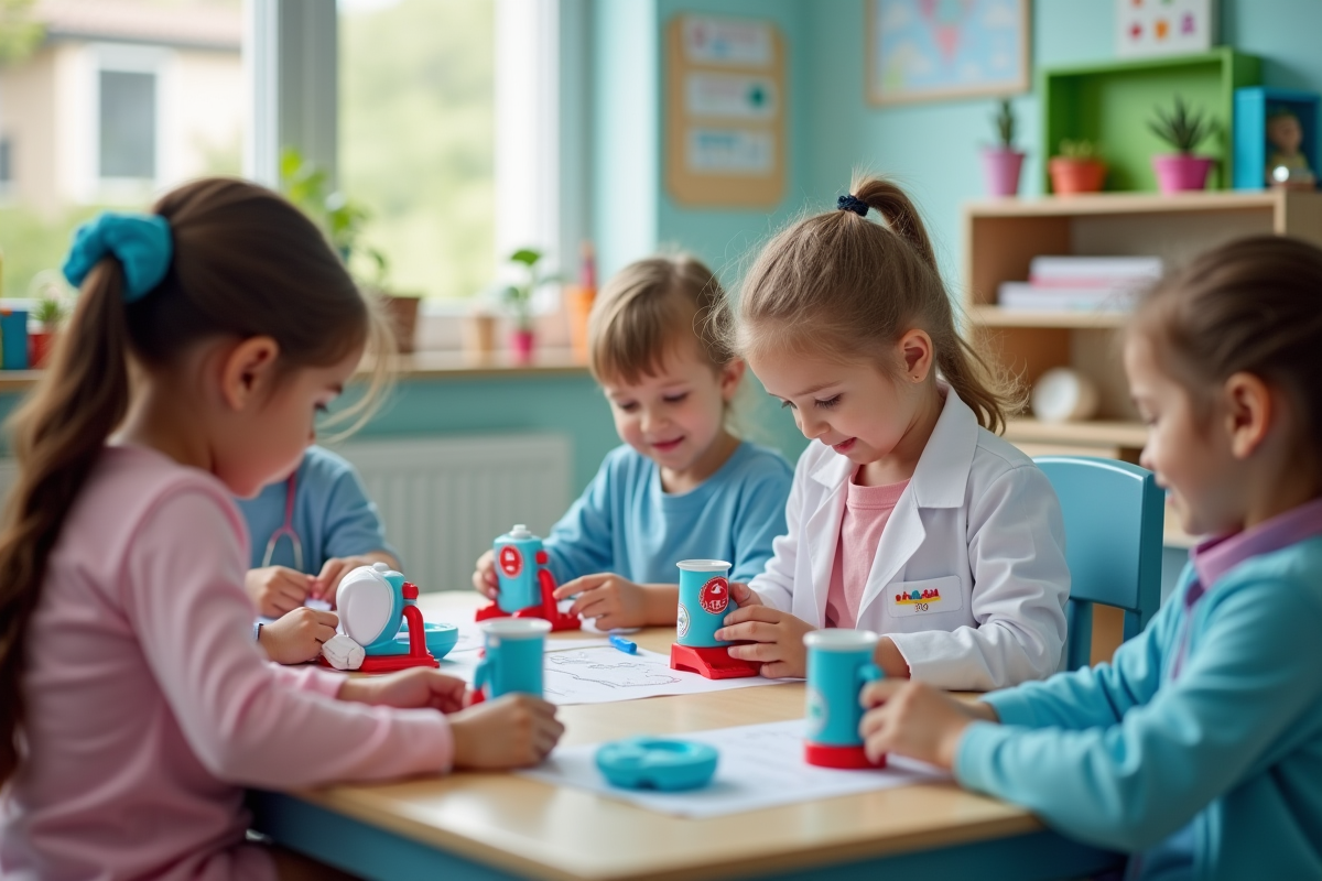 Enfants en jeu de rôle avec kits médicaux dans une classe