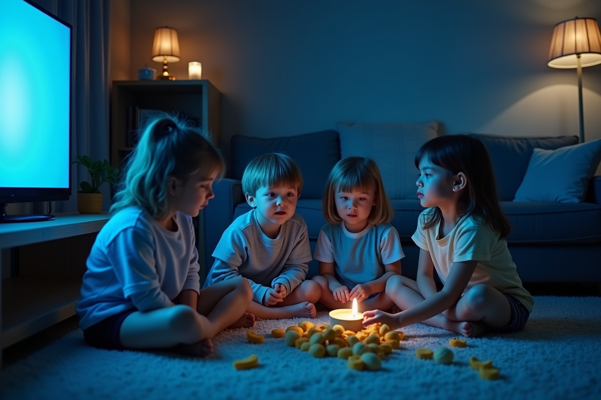 Enfants assis sur le sol du salon regardant la télévision fatigués