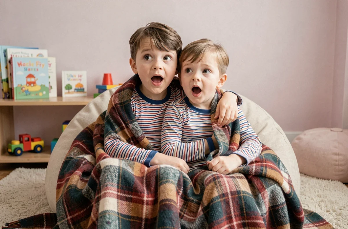 Deux jeunes enfants sensibles regardant un film rigolo ensemble enveloppés dans un plaid dans une salle de jeux
