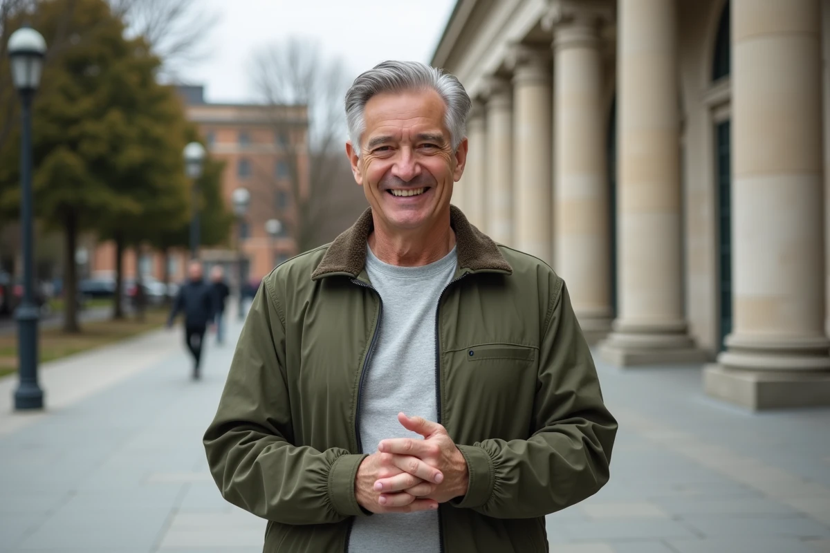 Homme souriant en veste olive dans une place publique urbaine, illustration d'un engagement civique et de valeurs ancrées dans la vie citoyenne