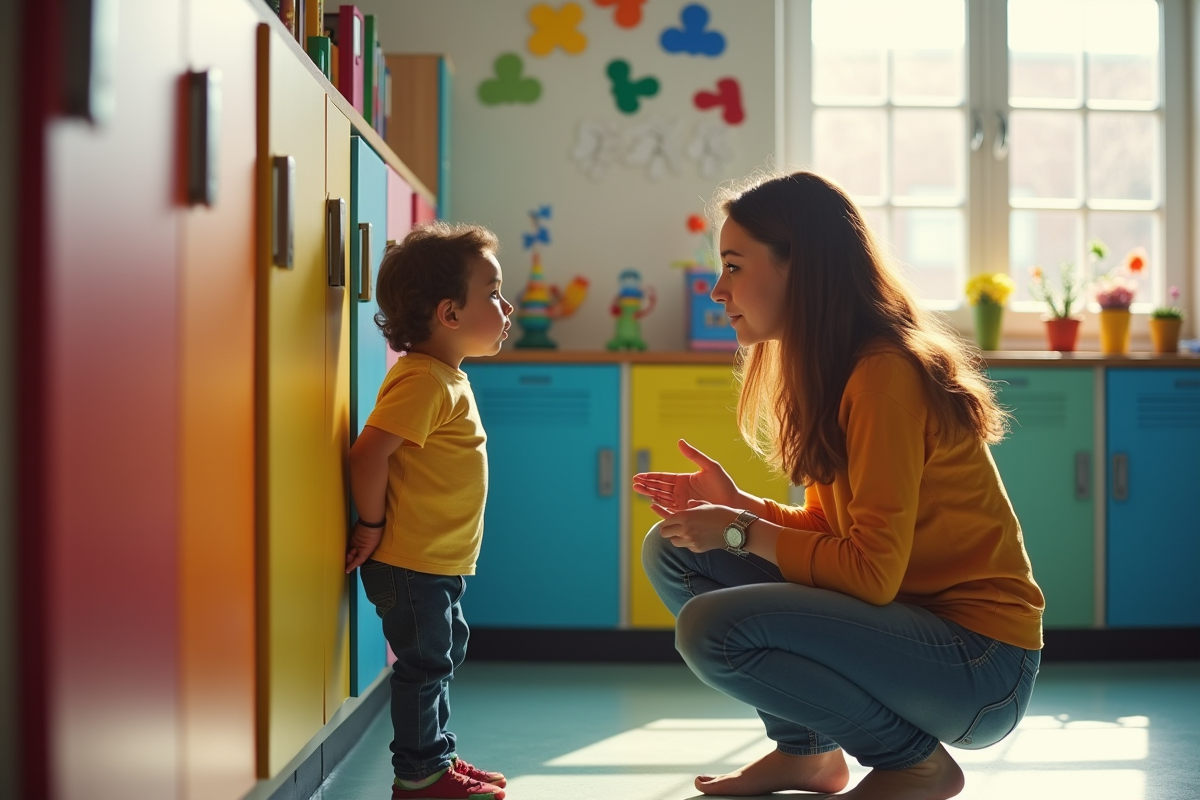 Enseignant parlant à un enfant inquiet près des casiers colorés