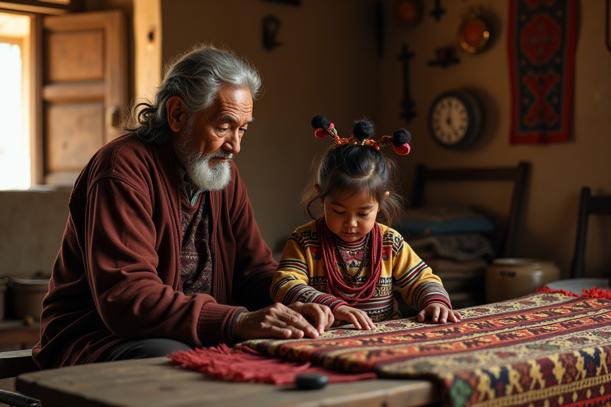 Un aîné enseignant un artisanat traditionnel à un enfant dans une maison chaleureuse